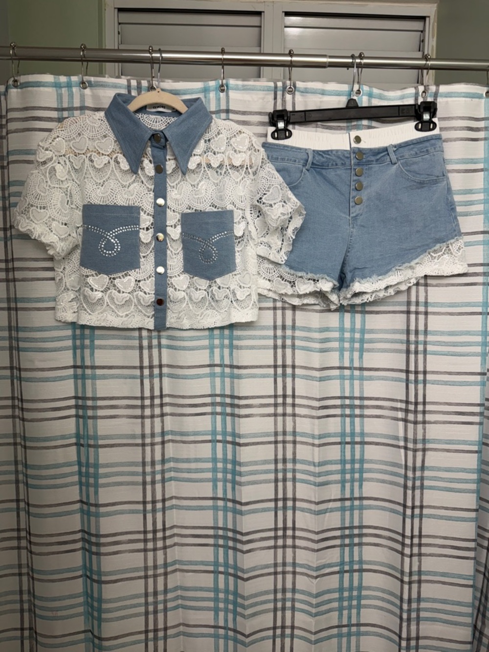 White Lace and Light Denim Cropped Button-Front Set